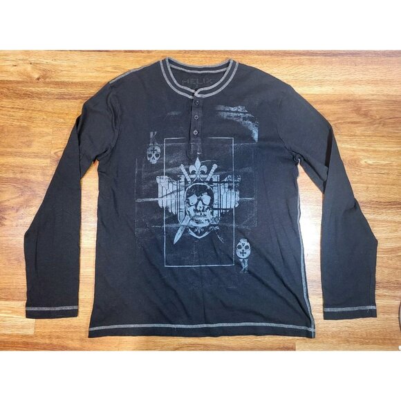Vtge Y2K Helix Black Henley Skull Long Sleeve Grunge - Picture 1 of 4